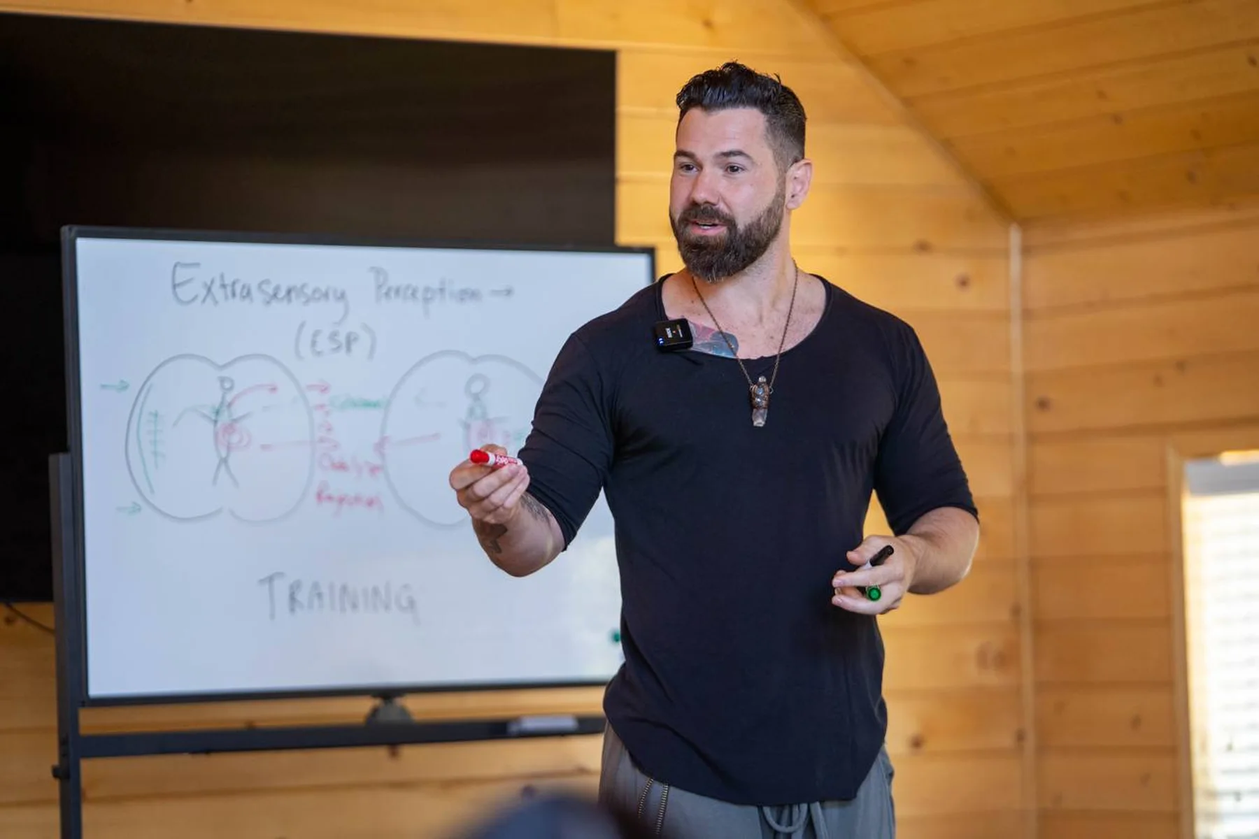 Zack Blakeney teaching a workshop, gesturing beside a whiteboard on extrasensory perception.